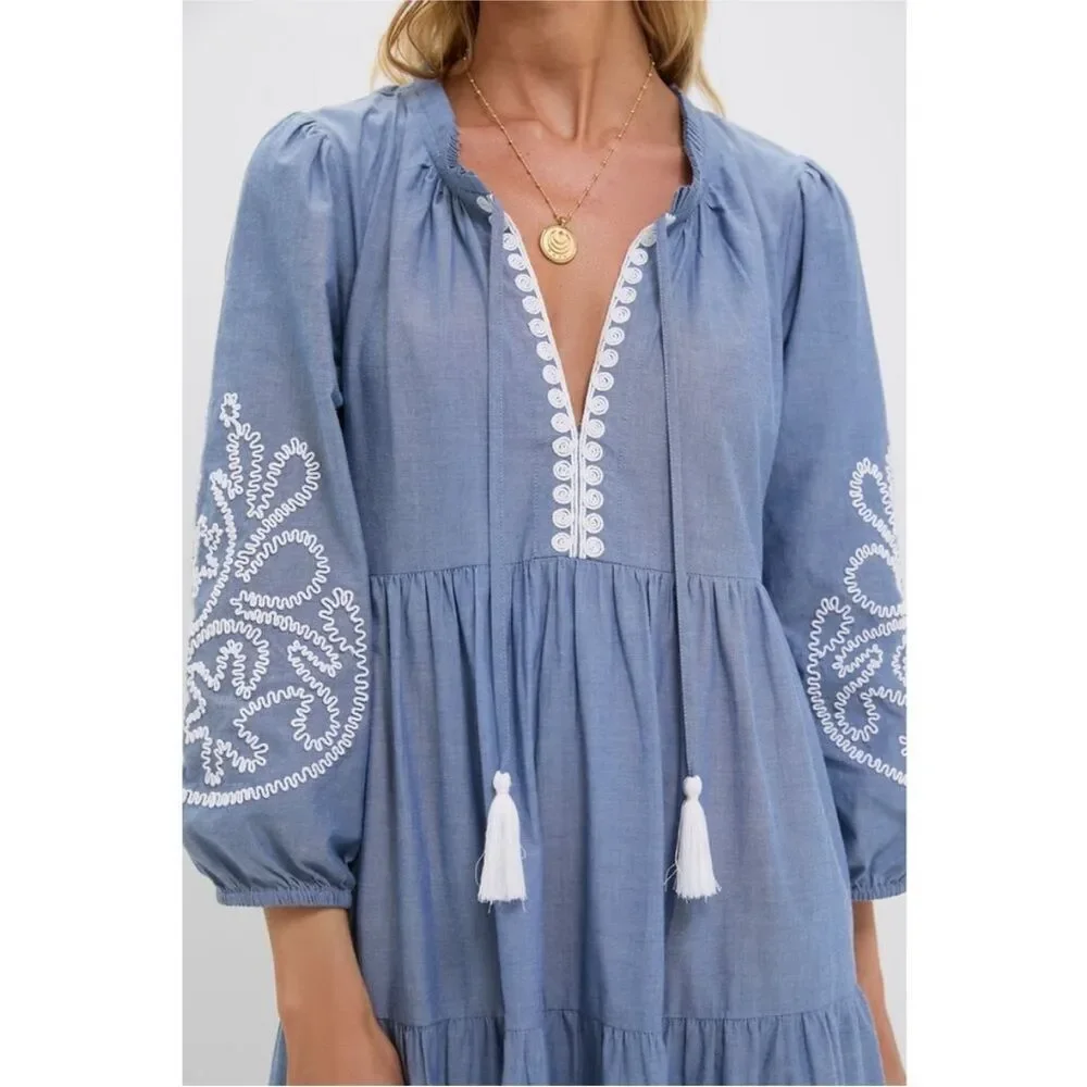 Tuckernuck Cotton Chambray Embroidered Salty Paloma Caftan Dress NWT Size Small - Picture 13 of 16